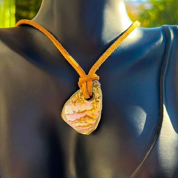 Vintage Leather Cord Abalone Shell Surfer Necklace Rugged Unisex 22" - Picture 10 of 11